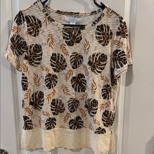 Bunulu Cream and Brown Leaf Print Women's Short Sleeve Top